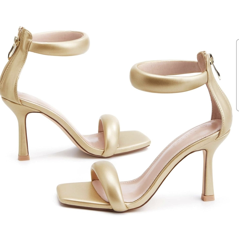 NWT Gold Ankle Strap Open Toe Heels with Zipper- Size 6.5